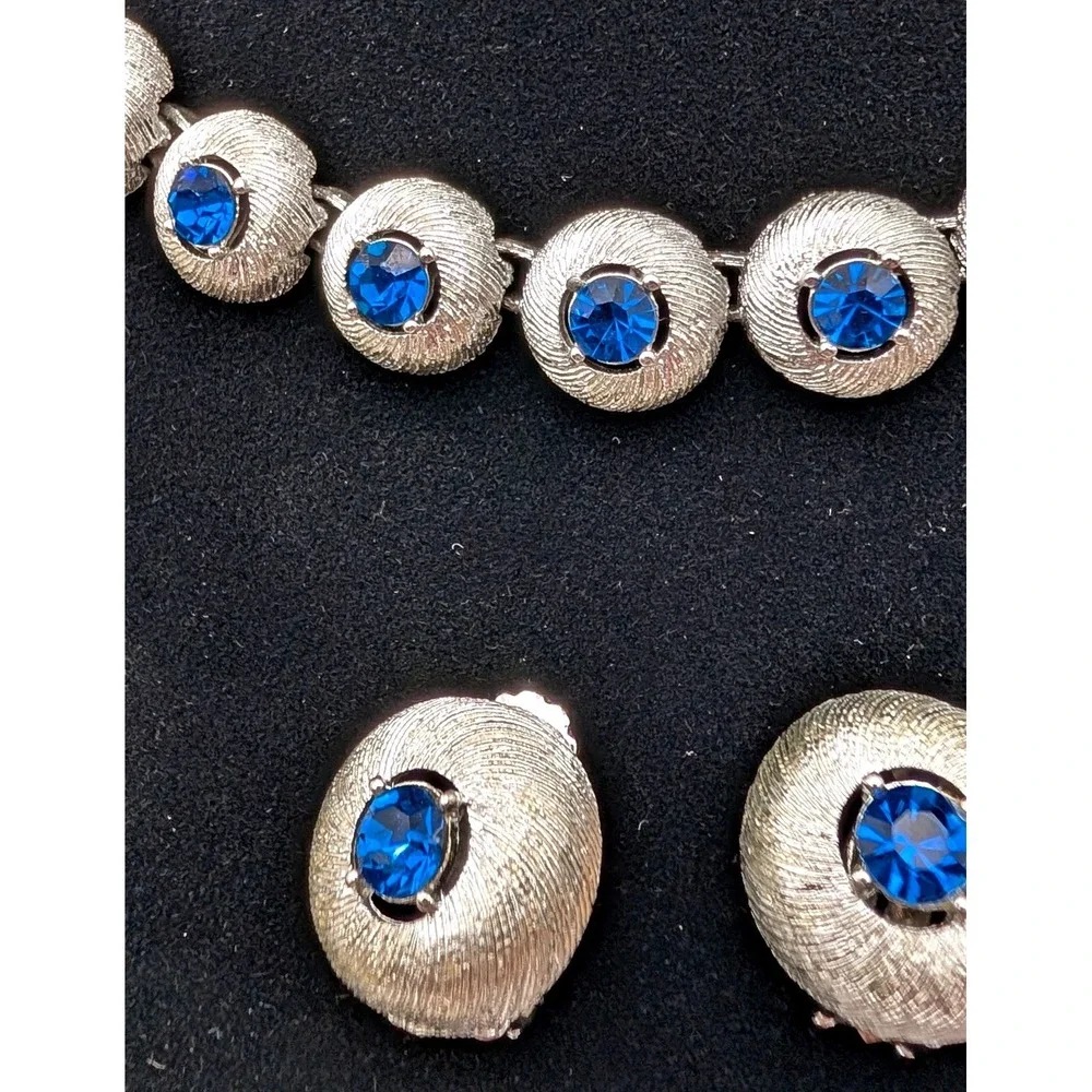 Vintage Silver Tone Blue Rhinestone Choker Necklace and Clip On Earrings Set